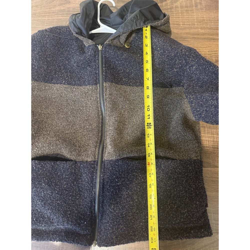 Hot Spices Mens Medium Colorblock Textured Boucle Zip Hooded Jacket Navy Brown - Picture 3 of 5
